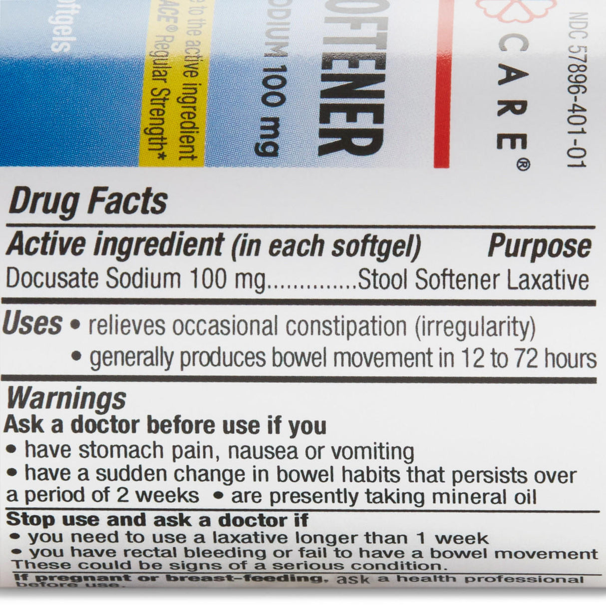 Close-up of a McKesson Geri-Care Stool Softener label (100 ct), listing docusate sodium 100 mg as the active ingredient, uses for relieving constipation, drug facts, and warnings about when to consult a doctor.