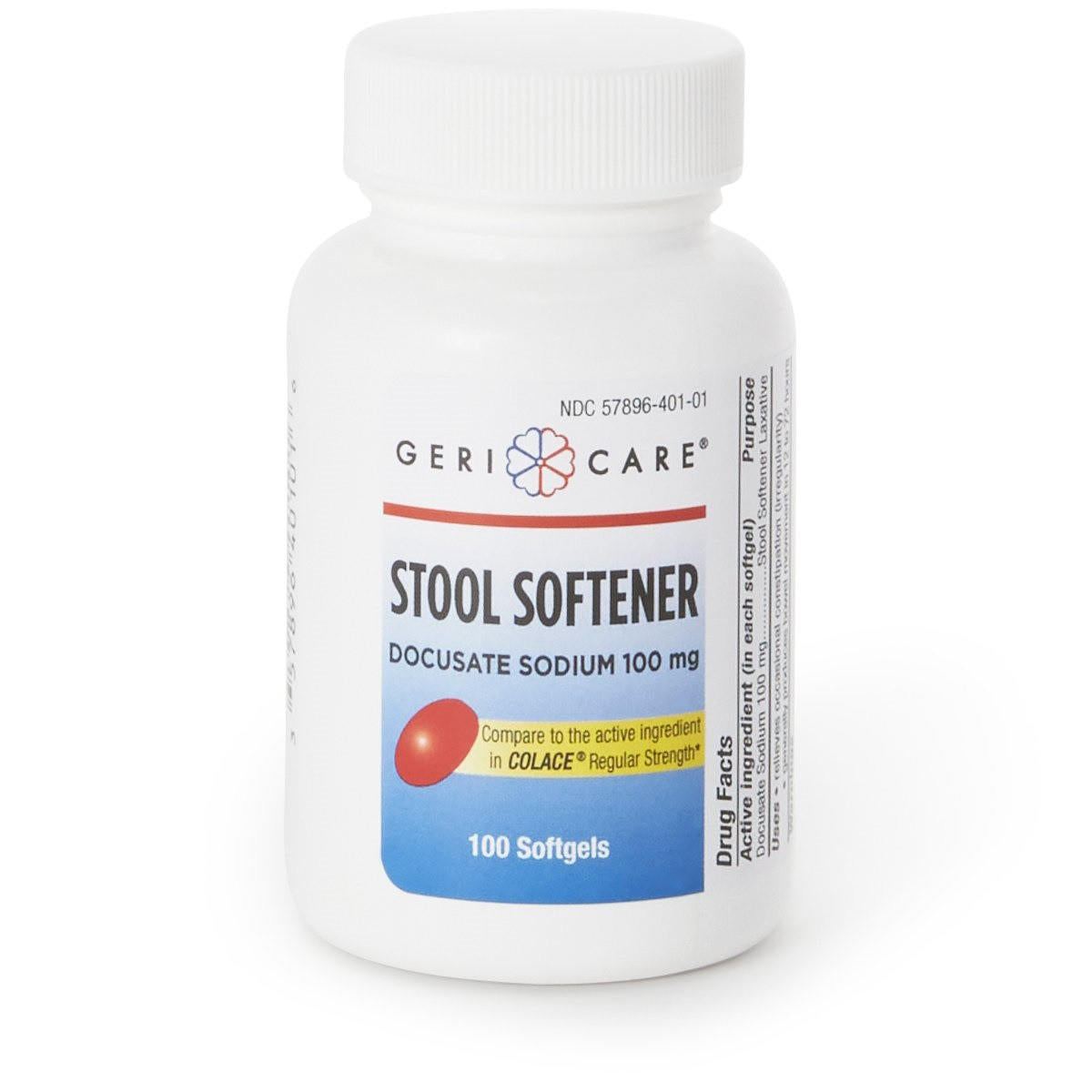 A white bottle labeled Geri-Care Stool Softener by McKesson, 100 softgels, each with docusate sodium 100 mg. The label states it’s comparable to the active ingredient in Colace.