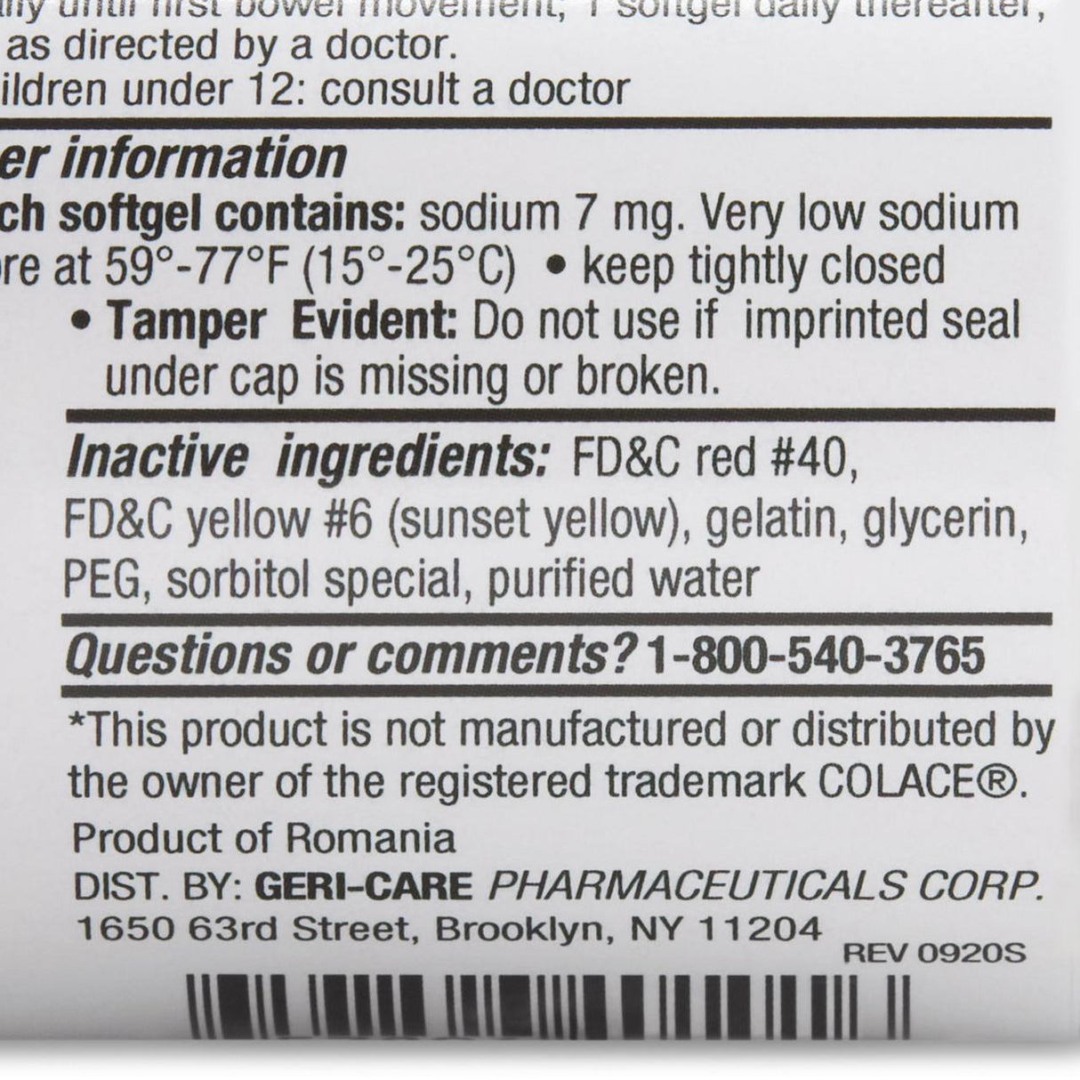 Close-up of a Geri-Care Stool Softener label from McKesson, showing docusate sodium as the active ingredient, list of ingredients, storage details, tamper warning, customer service number, and manufacturer info for this Romania-made 100 ct bottle.