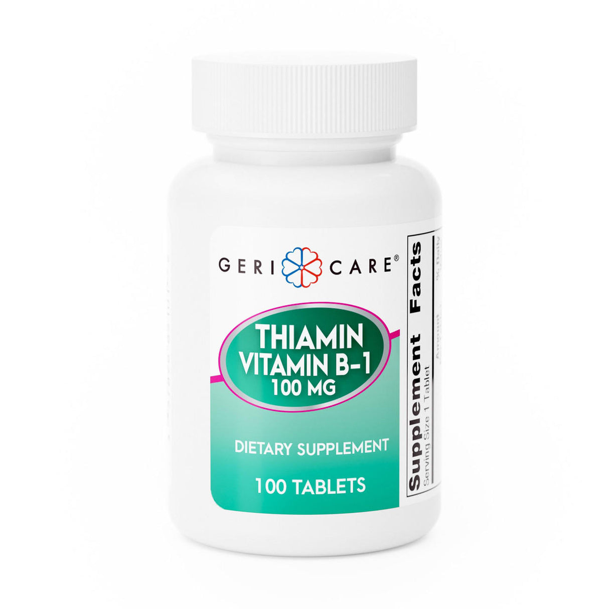 A white bottle labeled McKesson Geri-Care Vitamin B1 (Thiamin) Supplement, 100 mg, contains 100 tablets with a supplement facts label visible on the side.