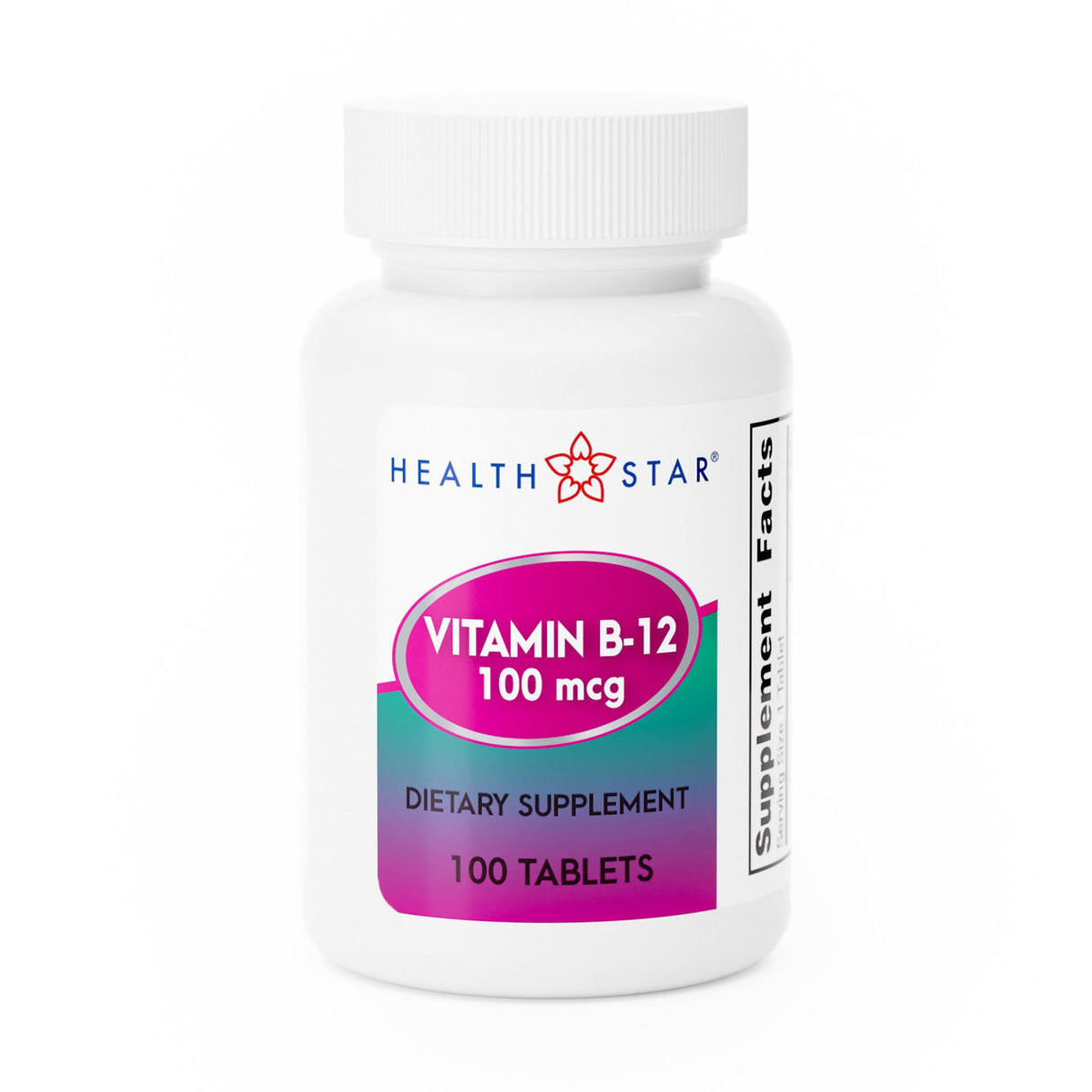 A white bottle labeled McKesson Geri-Care Vitamin B12 Supplement, 100 mcg, contains 100 tablets. The purple and pink label emphasizes it as a dietary supplement, with the Supplement Facts panel partially visible.