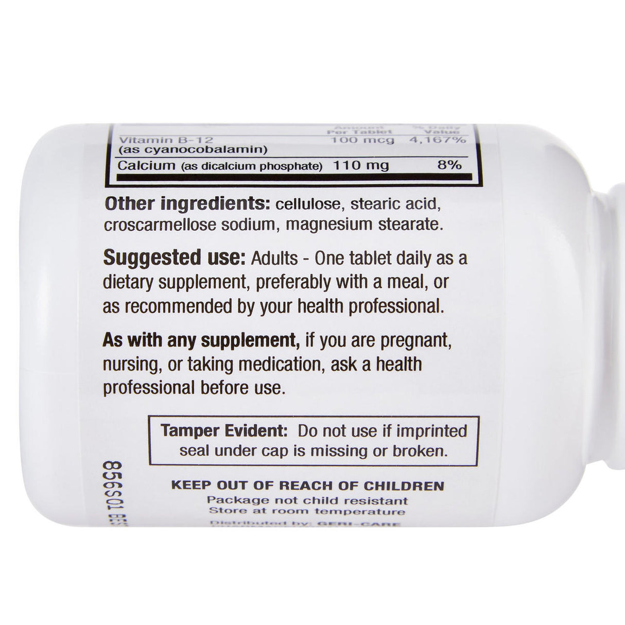 A close-up of a McKesson Geri-Care Vitamin B12 Supplement (100 mcg) 100-count bottle label displays ingredients, adult use directions, pregnancy/nursing precautions, tamper-evident warning, and nutrition facts highlighting calcium and B12.