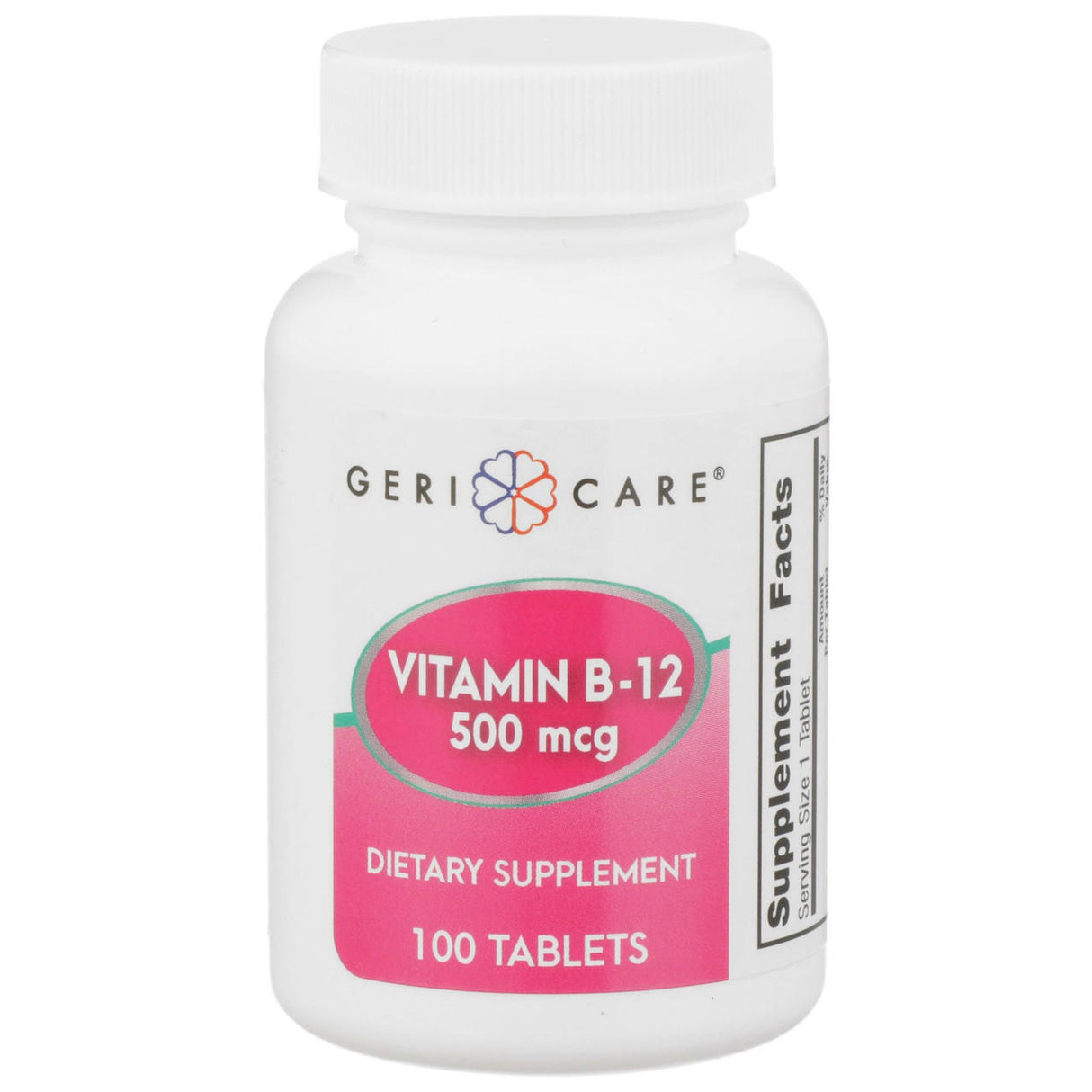 A white bottle labeled McKesson Geri-Care Vitamin B12 Supplement, 500 mcg, contains 100 tablets with a pink and white design and part of the supplement facts label visible on the right.