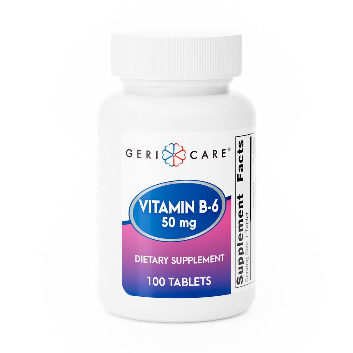 A white bottle labeled McKesson Geri-Care Vitamin B6 Supplement, 50 mg, contains 100 tablets and features a blue and purple gradient label with the Supplement Facts panel partially visible on the side.