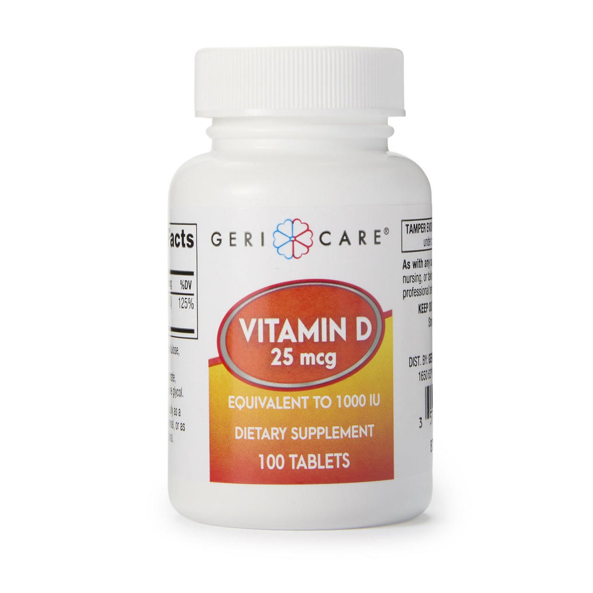 A 100-count white bottle of McKesson Geri-Care Vitamin D Supplement, 1000 IU, with a red and orange label.