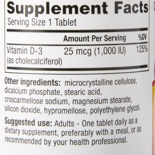 Supplement Facts label for McKesson Geri-Care Vitamin D Supplement, 1000 IU, 100 ct. Displays serving size (1 tablet), amount per serving (25 mcg/1,000 IU, 125% DV), ingredients, and suggested adult use.
