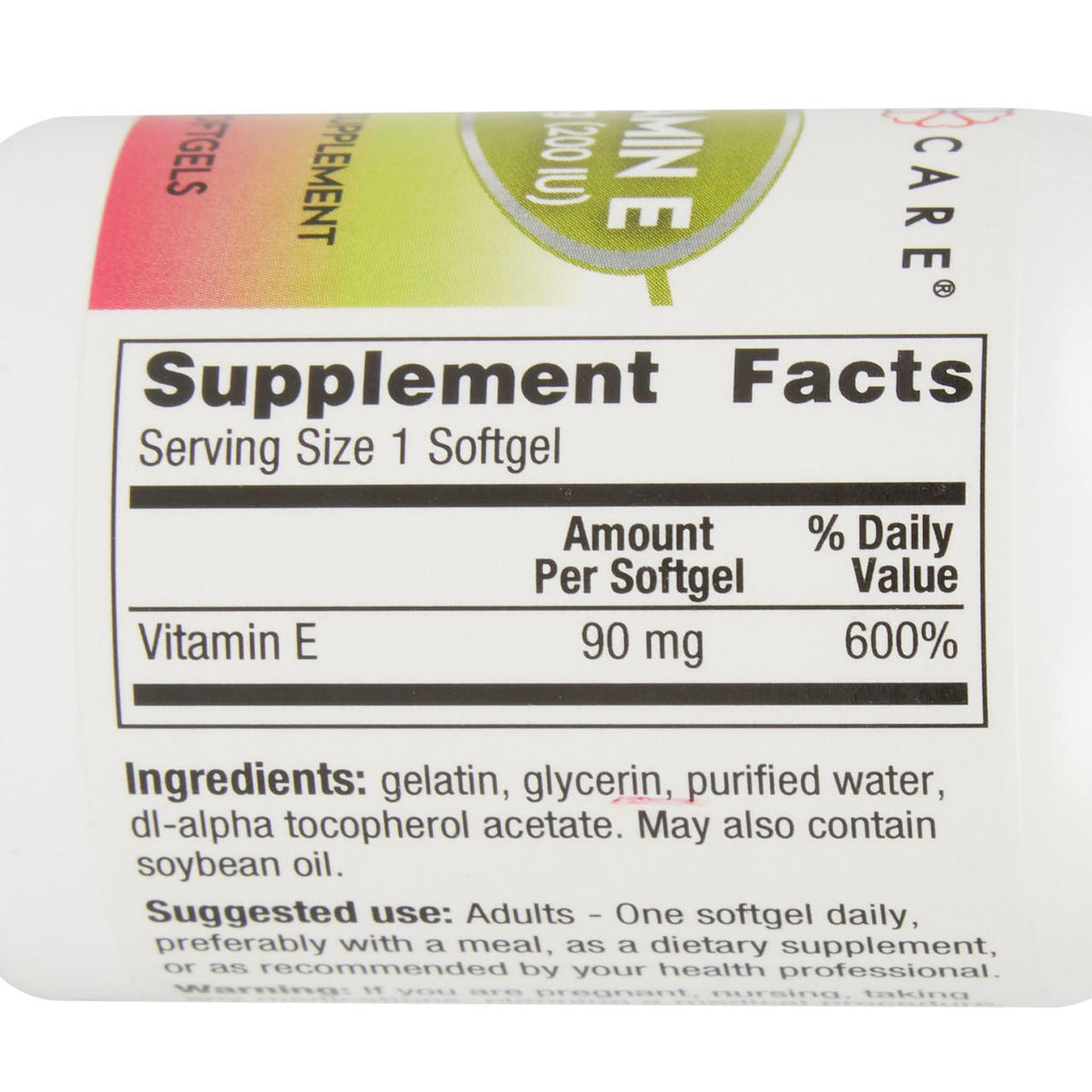 Close-up of a Geri-Care Vitamin E Supplement, 200 IU by McKesson bottle label showing Supplement Facts (90 mg, 600% daily value) and ingredients: gelatin, glycerin, purified water, dl-alpha tocopherol acetate.