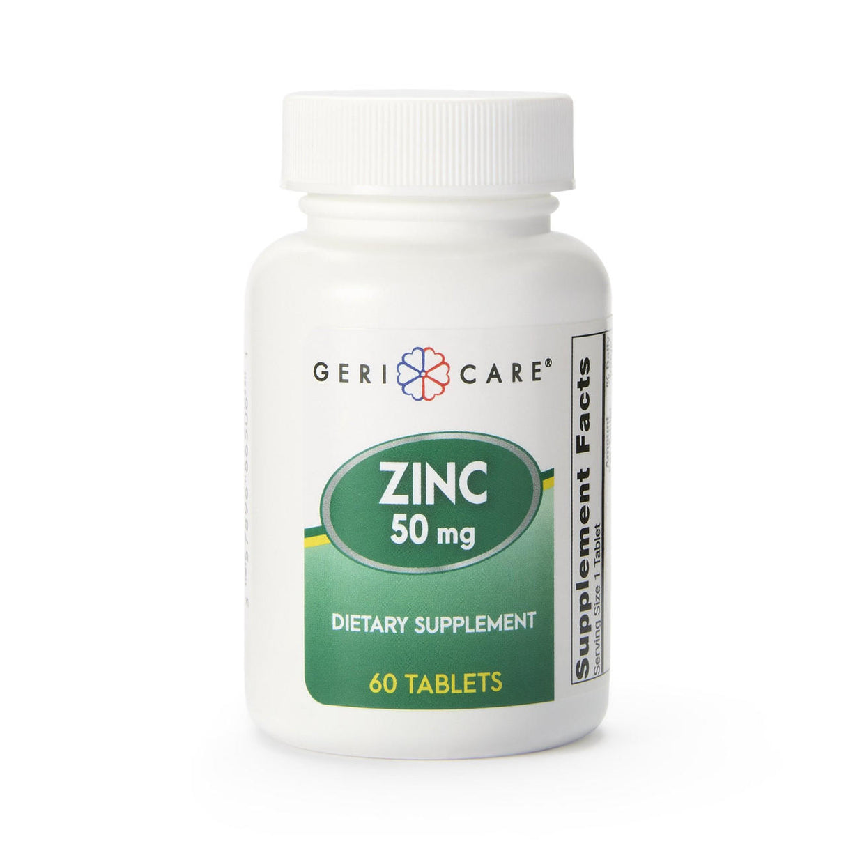 A white bottle labeled McKesson Geri-Care Zinc Sulfate Supplement, 50 mg, 60 ct features green and yellow accents with a supplement facts section on the right side.