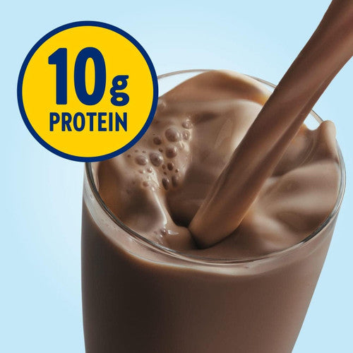 A bottle of Glucerna Nutritional Shake, Rich Chocolate (by Abbott Nutrition), pours chocolate milk with a “10g PROTEIN” label on a blue-yellow circle, featuring slow-release carbs to help manage blood sugar. Light blue background.