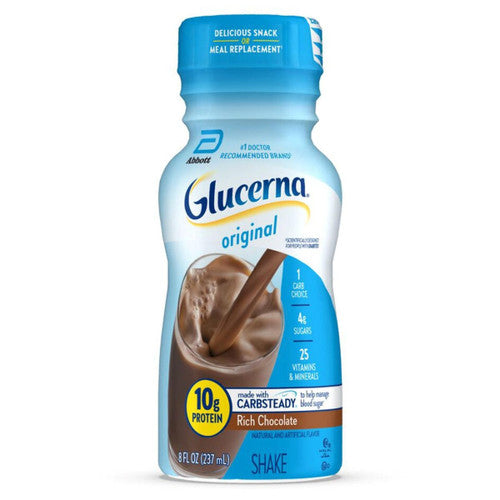 An 8 oz bottle of Abbott Nutritions Glucerna Nutritional Shake, Rich Chocolate, features a splash of shake with a straw and highlights 10g protein, slow-release carbs, and 25 vitamins & minerals to help manage blood sugar.