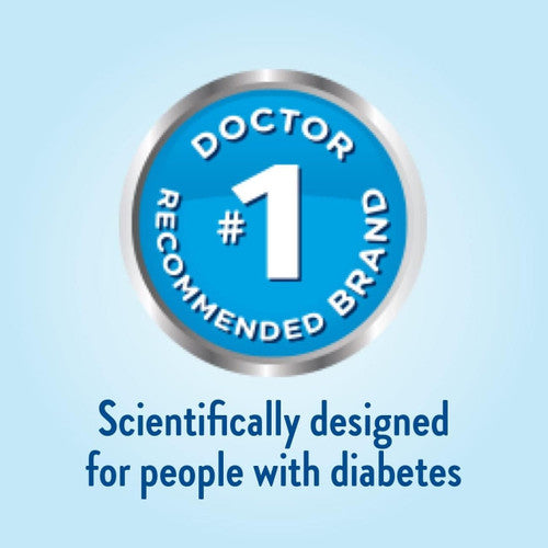 A blue circular badge displays Doctor Recommended Brand #1 above Scientifically designed for people with diabetes to help manage blood sugar, promoting Glucerna Nutritional Shake, Rich Chocolate, 8 oz Bottle (CS/24) by Abbott Nutrition on a light blue background.