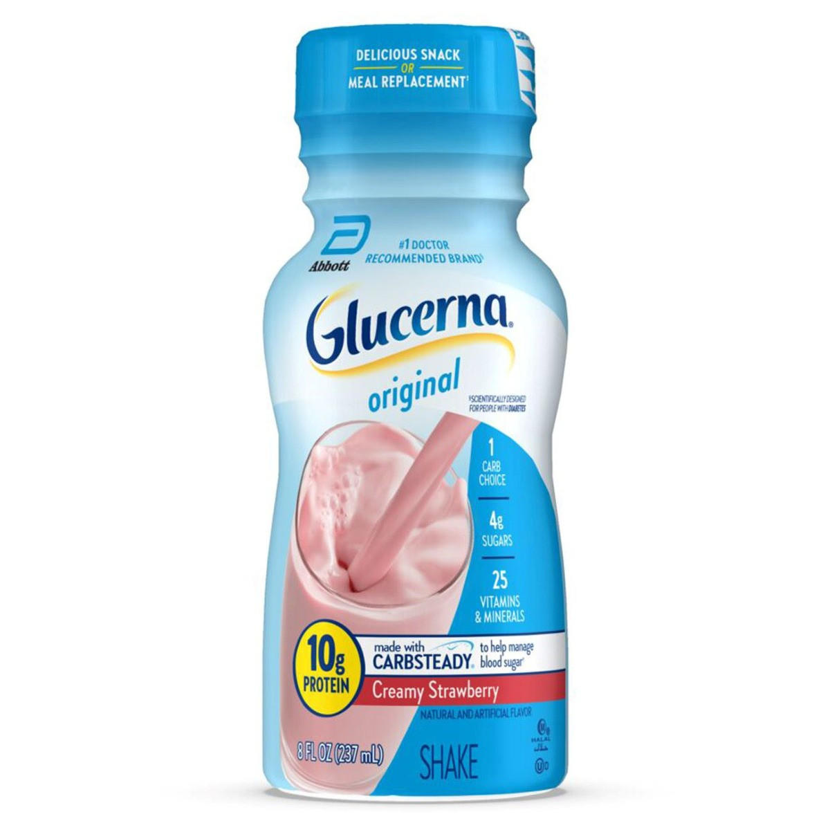 A bottle of Abbott Nutrition Glucerna Nutritional Shake, Strawberry, 8 oz, CS/24 features 10g protein, Carbsteady for blood sugar management, 1 carb choice, 4g sugars, and 25 vitamins and minerals.