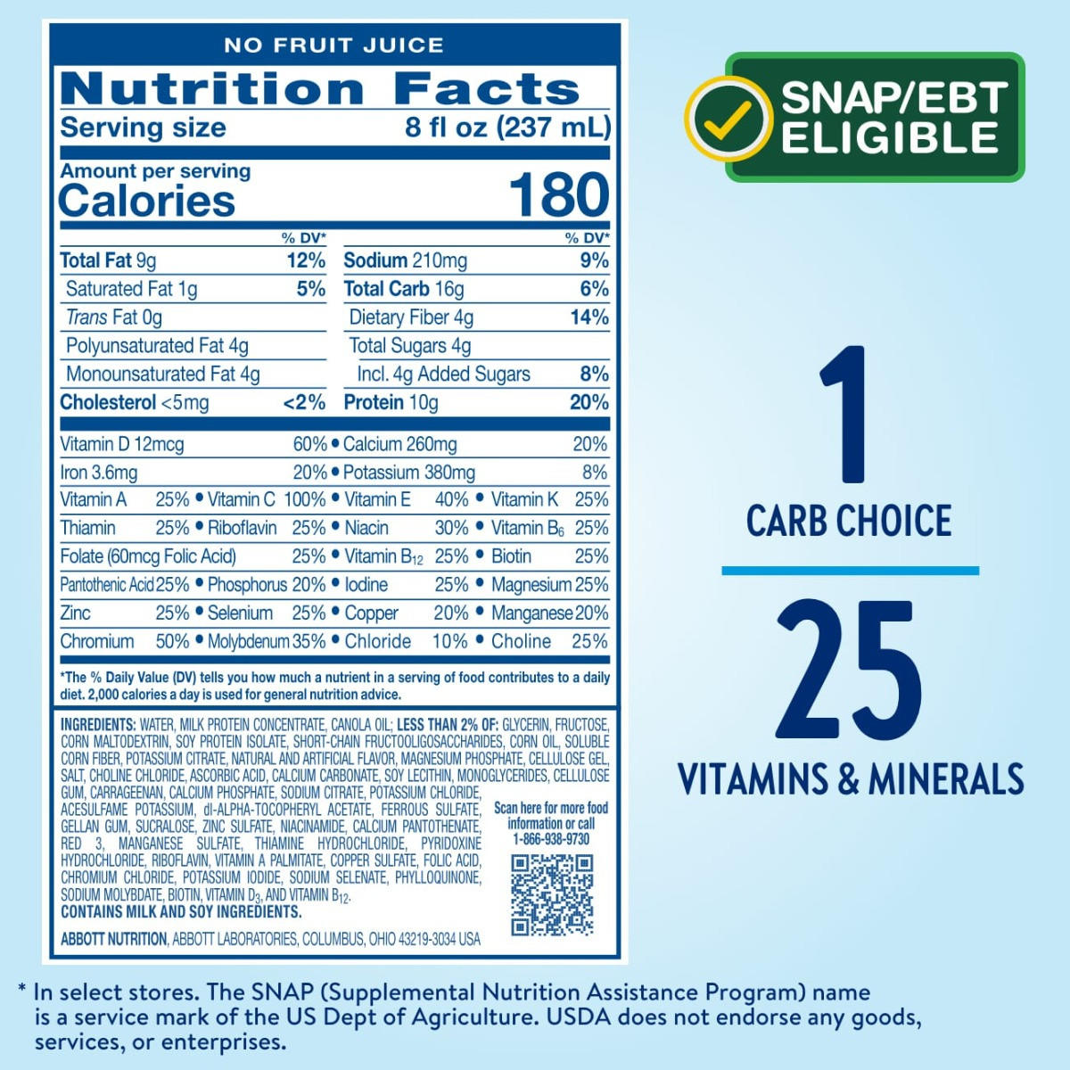 Glucerna Nutritional Shake, Strawberry, 8 oz bottle by Abbott Nutrition has a nutrition label showing 180 calories, key nutrients, “1 Carb Choice” for blood sugar management, and “25 Vitamins & Minerals.” SNAP/EBT Eligible badge included.