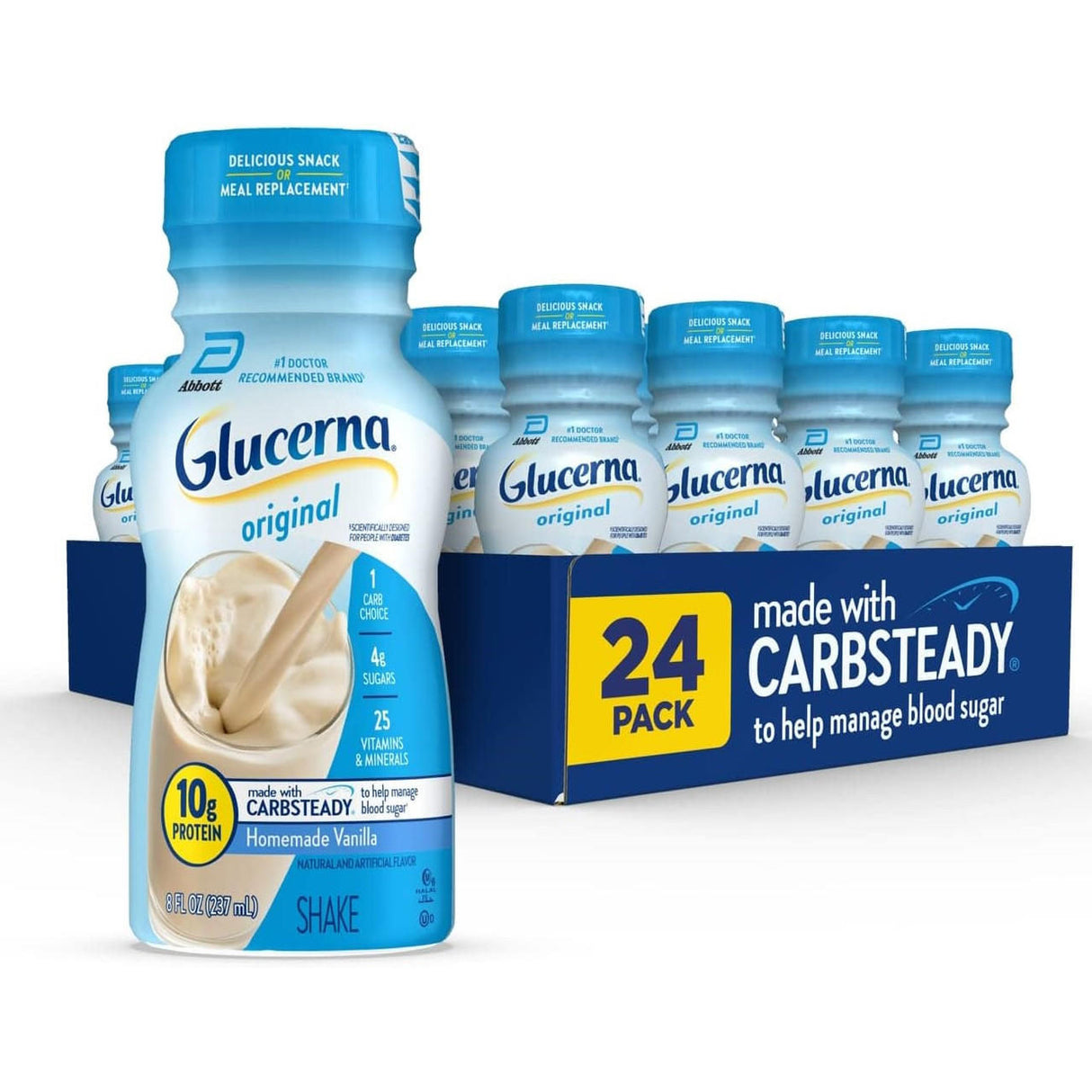 A 24-pack of Abbott Nutrition Glucerna Nutritional Shake, Vanilla, 8 oz bottles is shown with packaging highlighting CARBSTEADY, slow-release carbs, 10g protein, and its use as a meal replacement for blood sugar management.