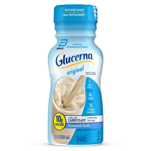 Glucerna Nutritional Shake, Vanilla, 8 oz by Abbott Nutrition offers 10g protein, slow-release carbs, and 25 vitamins/minerals—ideal as a diabetes-friendly snack or meal replacement to help manage blood sugar. Comes in a case of 24 bottles.