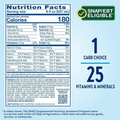 The Nutrition Facts label for Glucerna Nutritional Shake, Vanilla, 8 oz (Abbott Nutrition) shows 180 calories per serving. To the right: SNAP/EBT ELIGIBLE, 1 Carb Choice, and 25 Vitamins & Minerals are highlighted in bold.