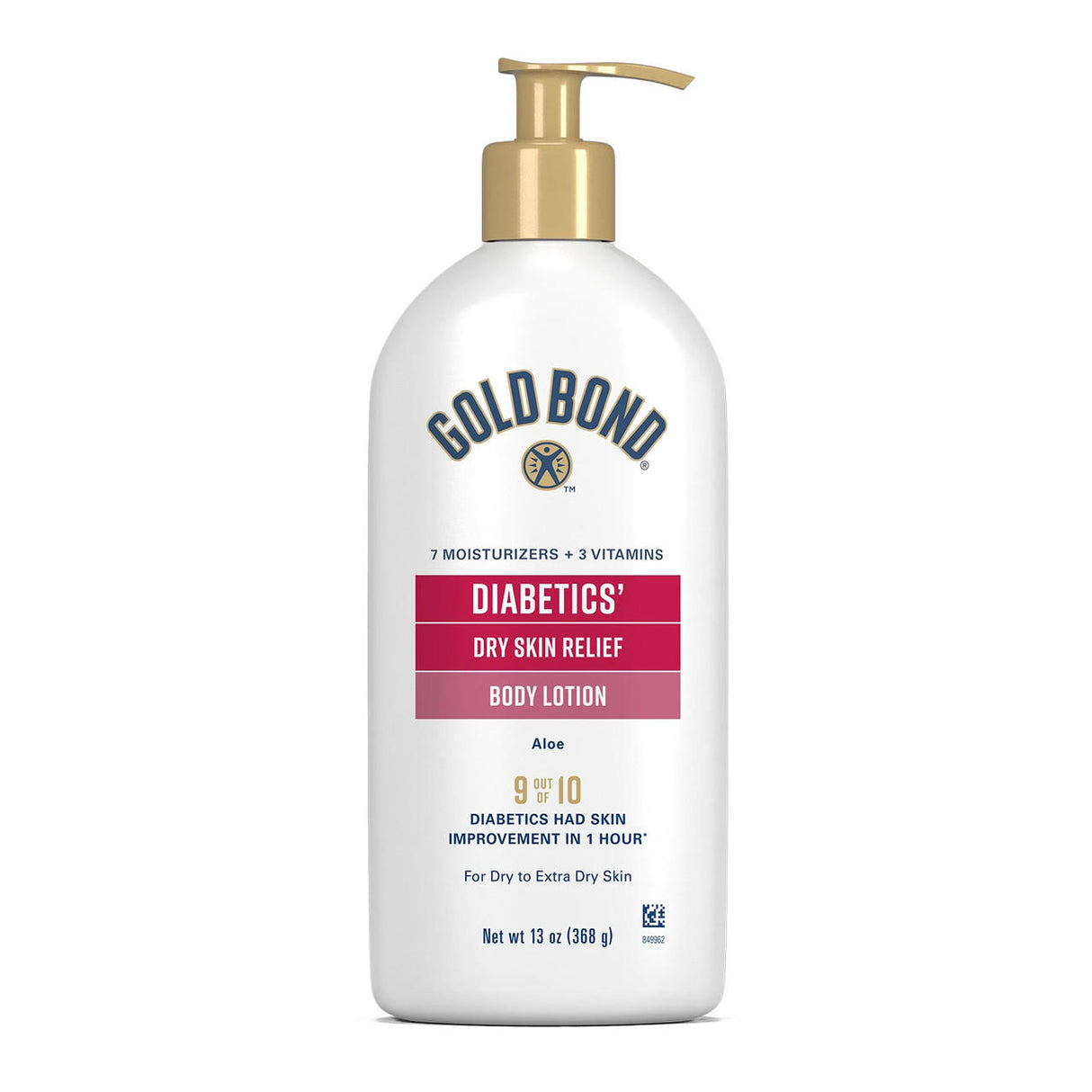 A 13 oz pump bottle of Gold Bond Diabetics’ Dry Skin Relief, fragrance free, soothes and hydrates dry to extra dry skin with aloe. Features a gold pump and white bottle with red and gold accents.