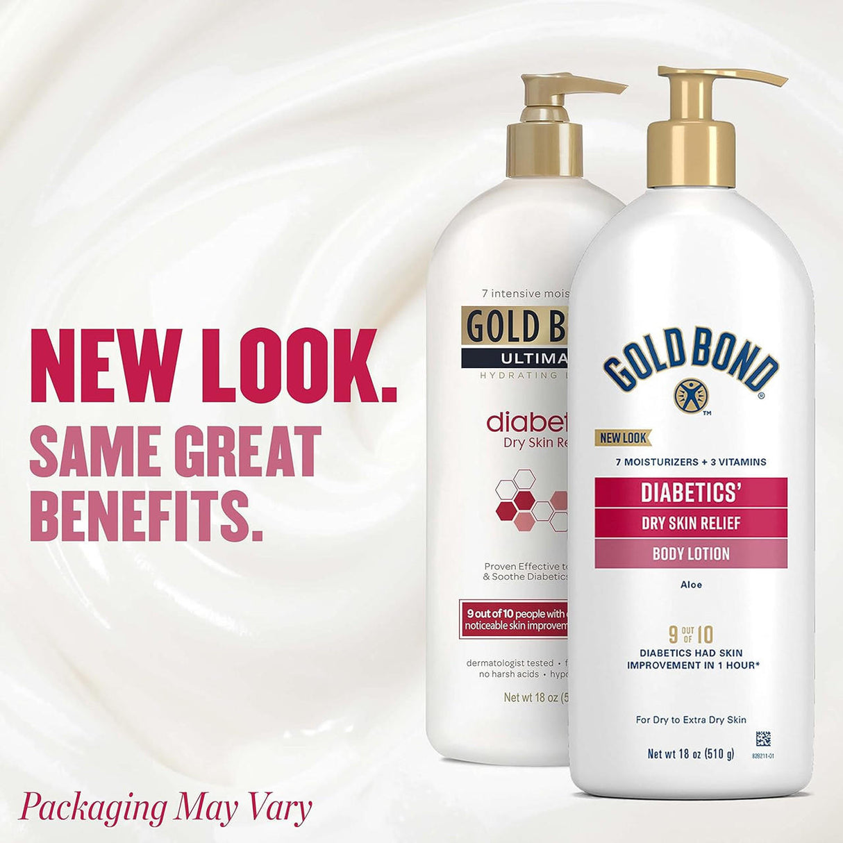 Two Gold Bond Diabetics Dry Skin Relief 13 oz Pump Bottles, fragrance free, appear under the headline “NEW LOOK. SAME GREAT BENEFITS.” with a note below: “Packaging May Vary.”.