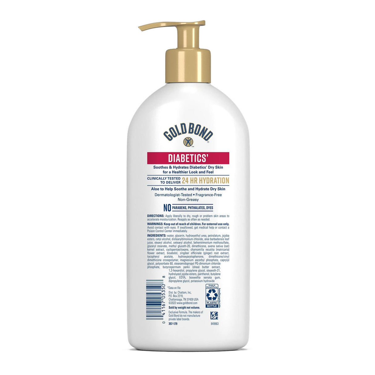 Gold Bond Diabetics’ Dry Skin Relief, 13 oz Pump Bottle, is a fragrance-free moisturizer for diabetic skin with a gold pump and a back label showing directions and ingredients in black and blue text.
