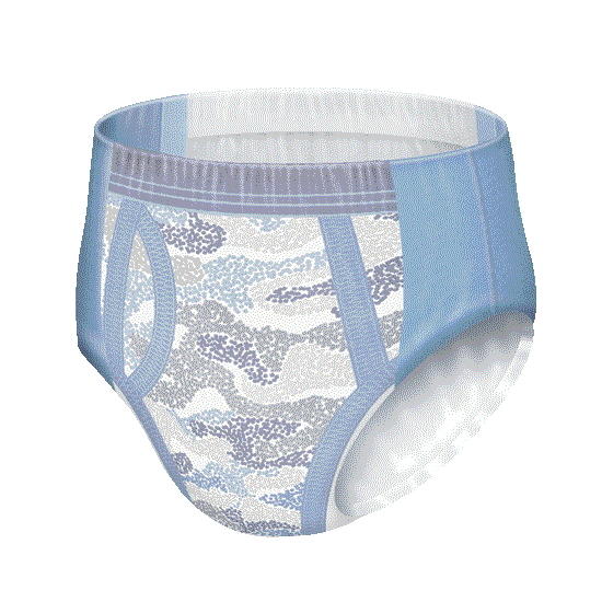 Illustration of GoodNites Youth NightTime Underwear for Boys by Goodnites, featuring a blue and white camouflage print, elastic waistband and leg openings, designed as absorbent underwear for reliable nighttime protection.
