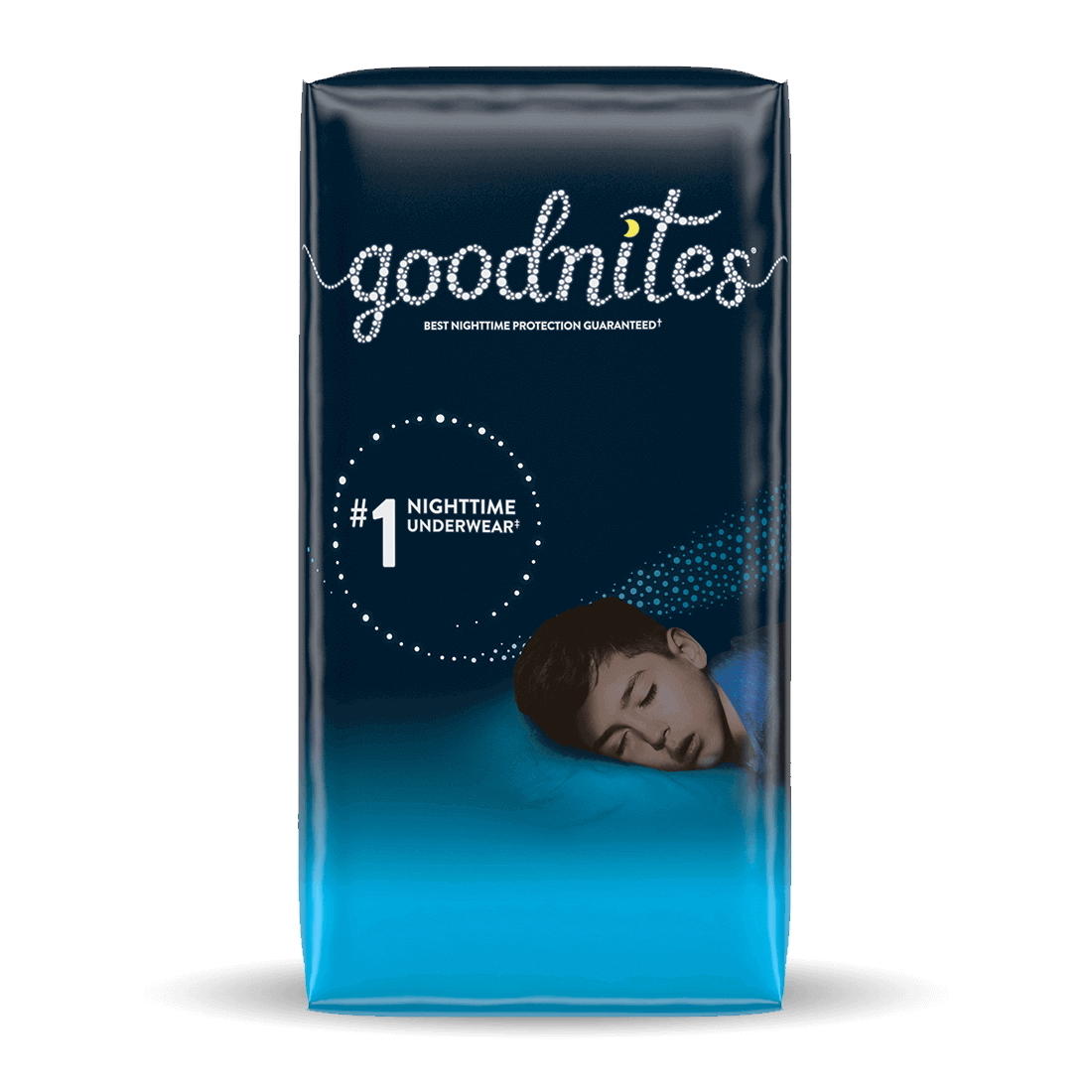 A package of Goodnites Youth NightTime Underwear for Boys featuring a sleeping child, with “goodnites” and “#1 Nighttime Underwear” on a dark blue background, showcasing superior nighttime protection and absorbency.