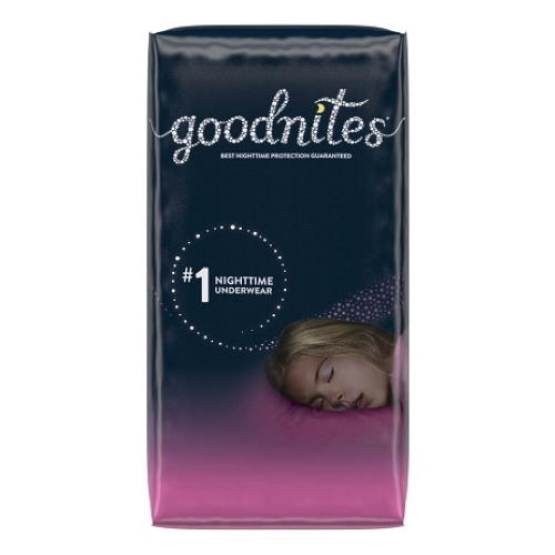 GoodNites Youth NightTime Underwear for Girls by Goodnites, for ages 4+, features a sleeping girl image with “#1 Nighttime Underwear” and “goodnites” at the top, offering reliable nighttime protection.
