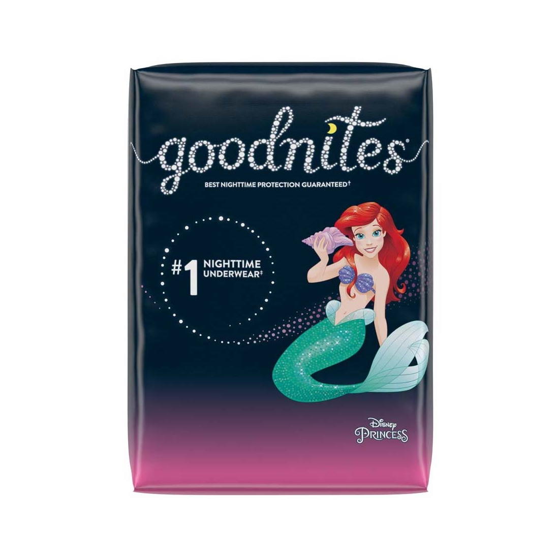 GoodNites Youth NightTime Underwear for girls ages 4+, featuring Disney Princess Ariel, offers #1 nighttime protection and best nighttime underwear guarantee from Goodnites.