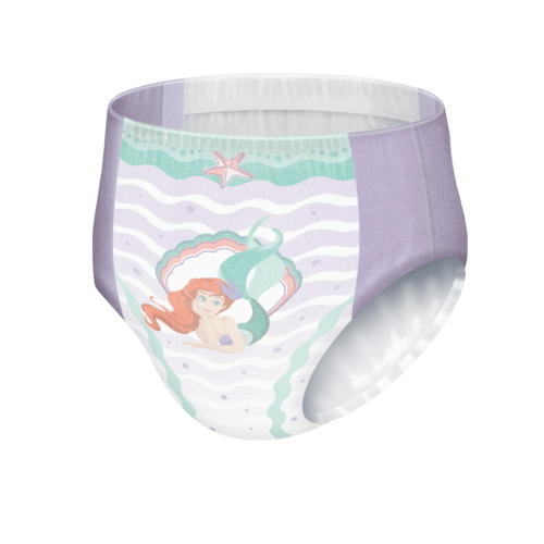 GoodNites Youth NightTime Underwear for Girls by Goodnites offers comfortable, absorbent nighttime protection for girls ages 4+, featuring a red-haired mermaid, green tail, pastel waves, and starfish on a purple and white design.