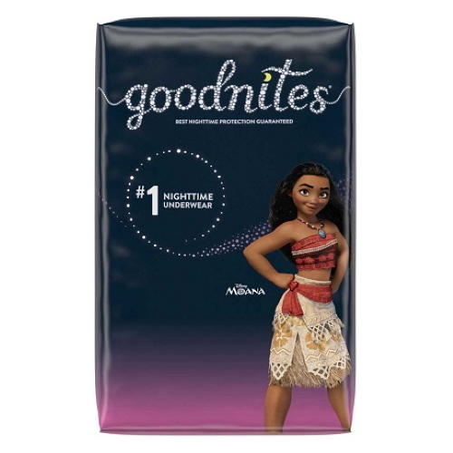 GoodNites Youth NightTime Underwear for girls ages 4+ by Goodnites features Disneys Moana on dark blue packaging with white and purple accents, providing trusted nighttime protection.