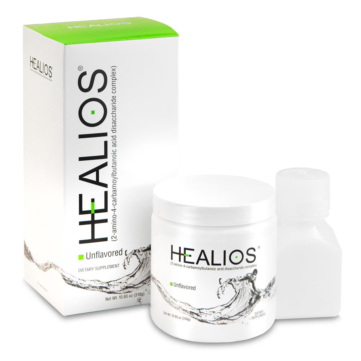 Healios Unflavored Oral Supplement Powder, box and jar