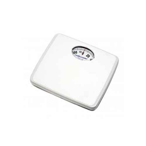 The Health O Meter Mechanical Floor Scale features a minimalist white design, a small rectangular display showing weight in kg and lbs, a 330 lb capacity, low platform height, and is shown on a plain background.