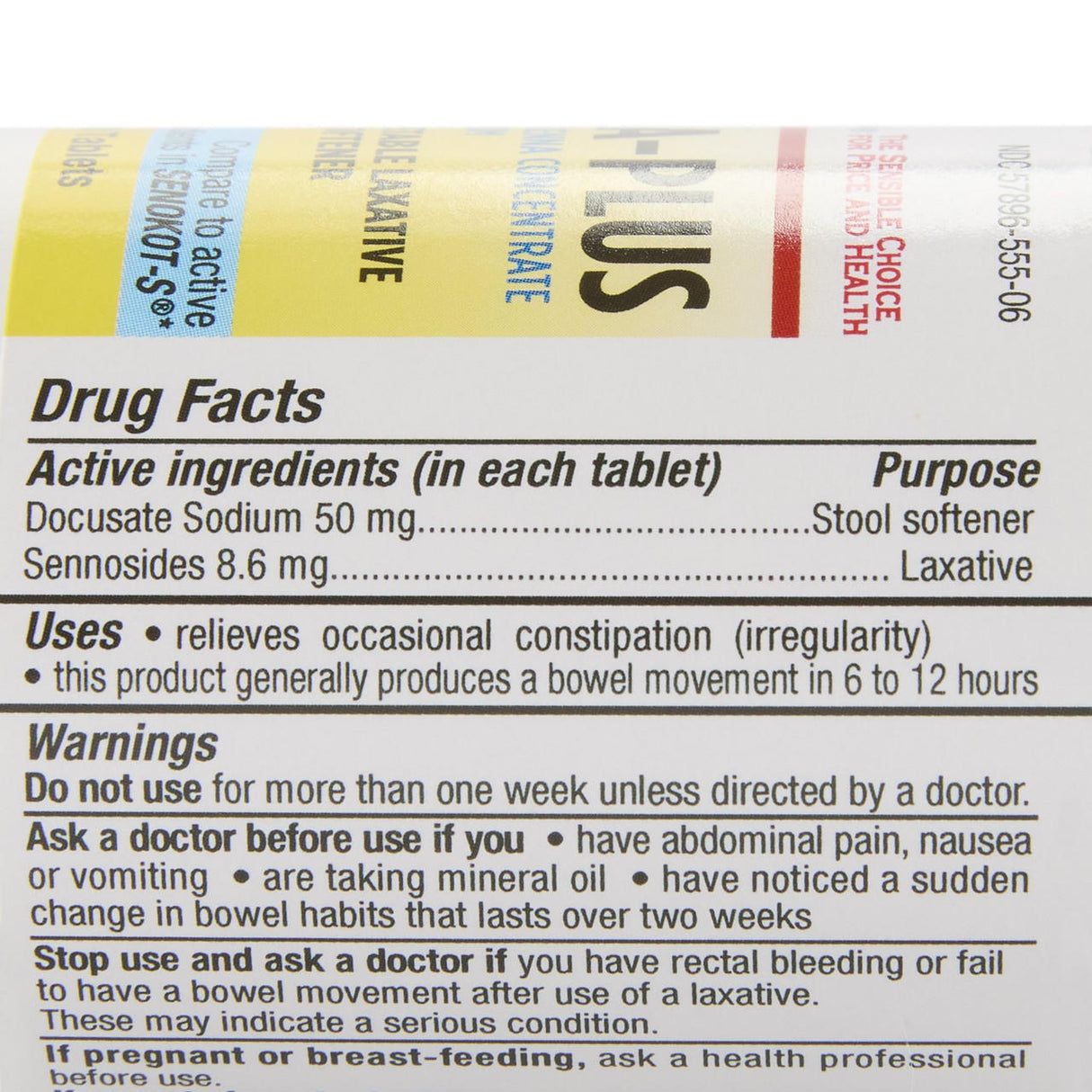 Close-up of a McKesson Health Star Senna-S Laxative Plus Stool Softener (60 ct) label, showing drug facts: each tablet contains docusate sodium 50 mg and sennosides 8.6 mg for constipation relief, plus uses, warnings, and doctor advice.
