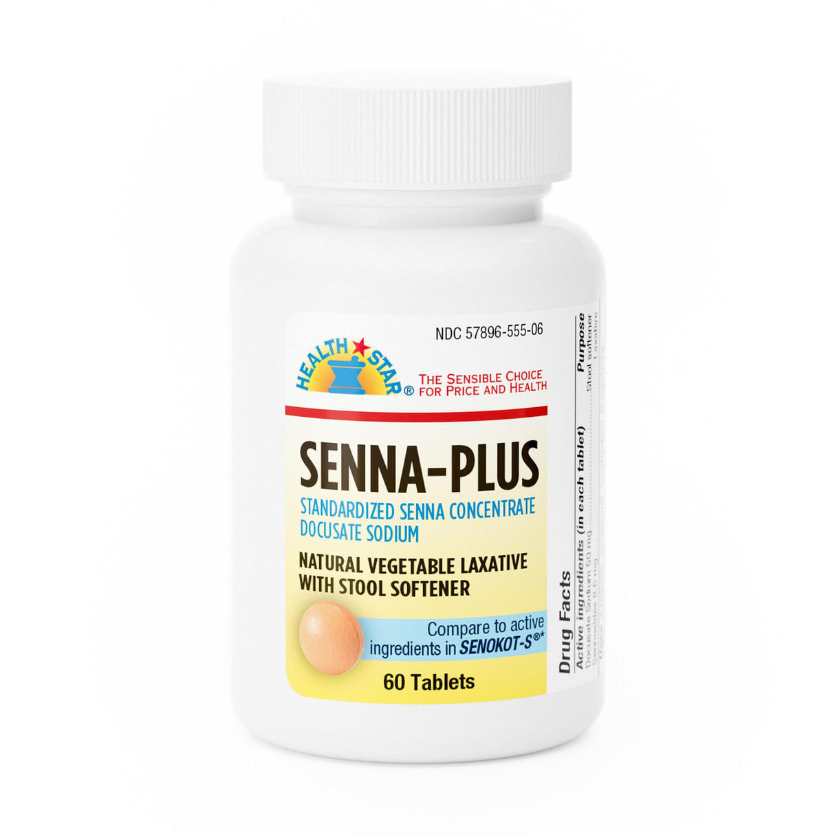A white bottle of McKesson Health Star Senna-S Laxative Plus Stool Softener contains 60 tablets for natural constipation relief, combining vegetable laxative and stool softener; compares to Senokot-S ingredients.
