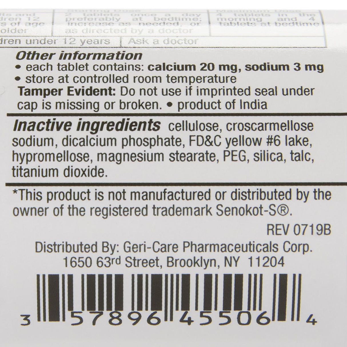 Close-up of McKesson Health Star Senna-S Laxative Plus Stool Softener, 60 ct bottle, label with inactive ingredients, tamper-evident info, and Brooklyn, NY address. Barcode at bottom. For constipation relief or as laxative tablets.