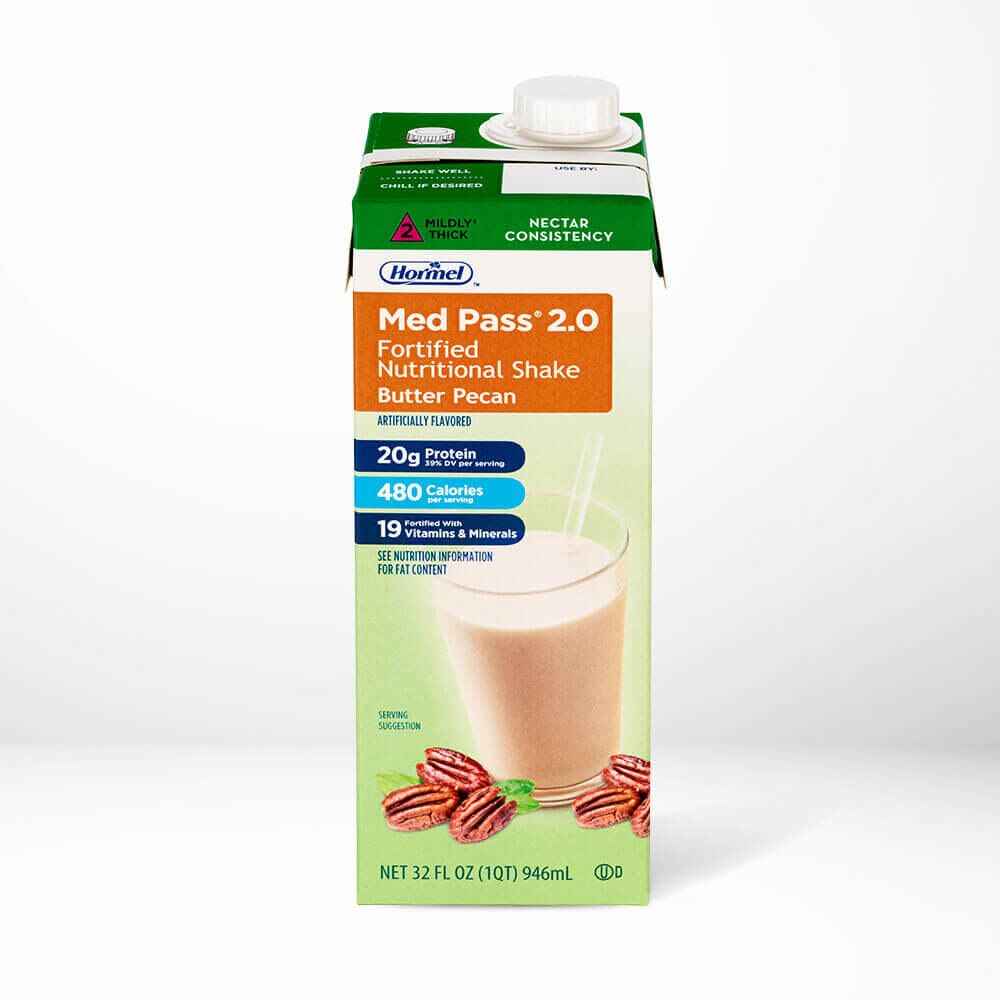 A 32 oz carton of Hormel Foods Med Pass 2.0 Oral Supplement in Butter Pecan flavor, with a green cap, features a glass of the shake and pecans on the front plus nutrition highlights.