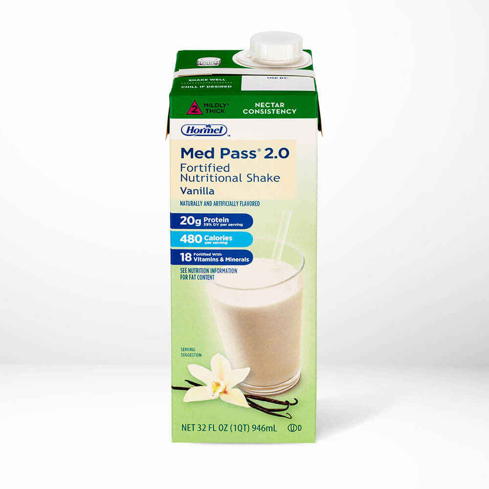 Hormel Foods Med Pass 2.0 Oral Supplement in Vanilla, 32 oz, features nutrition info, a vanilla flower, and a glass of shake with straw on its green and white carton—ideal for those seeking quality nutritional shakes.