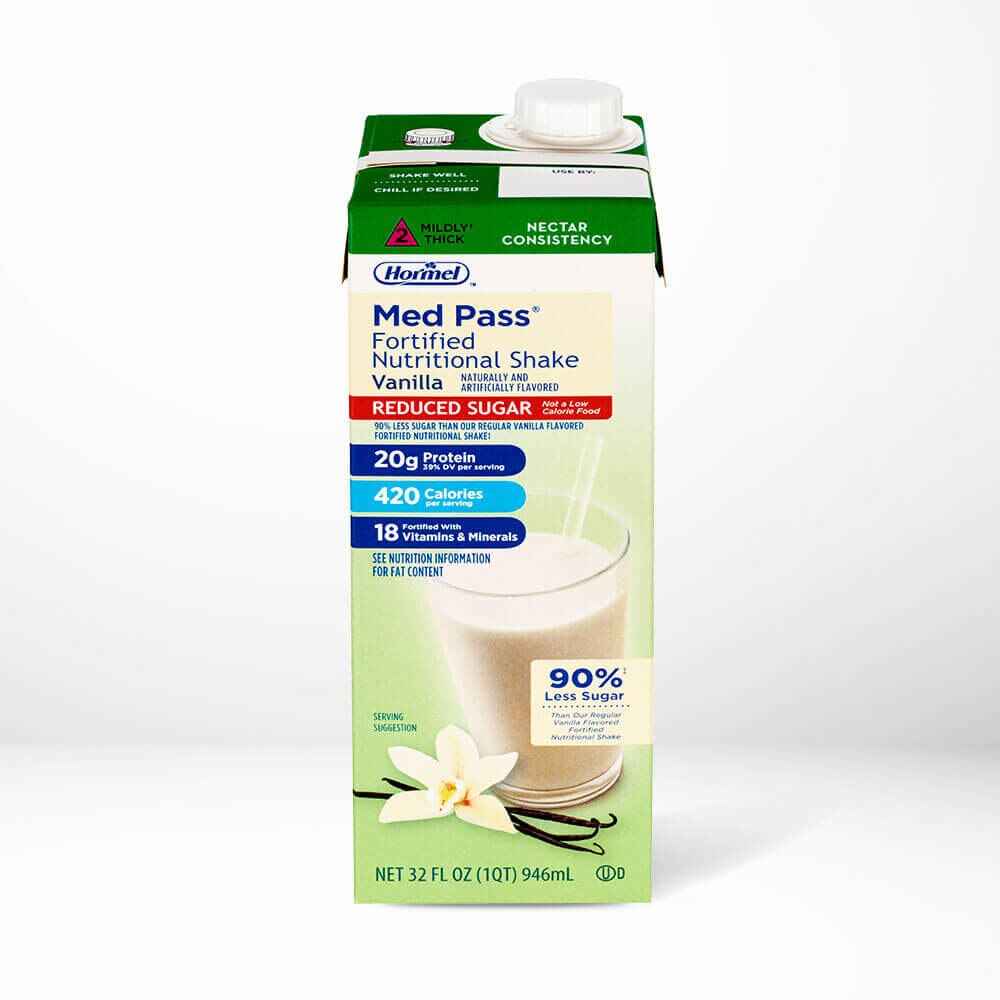 Hormel Foods Med Pass Oral Supplement, Vanilla, Reduced Sugar, 32 oz carton features a glass of shake and vanilla flower on front; each serving offers 20g protein, 420 calories, and 90% less sugar in this fortified nutritional shake.