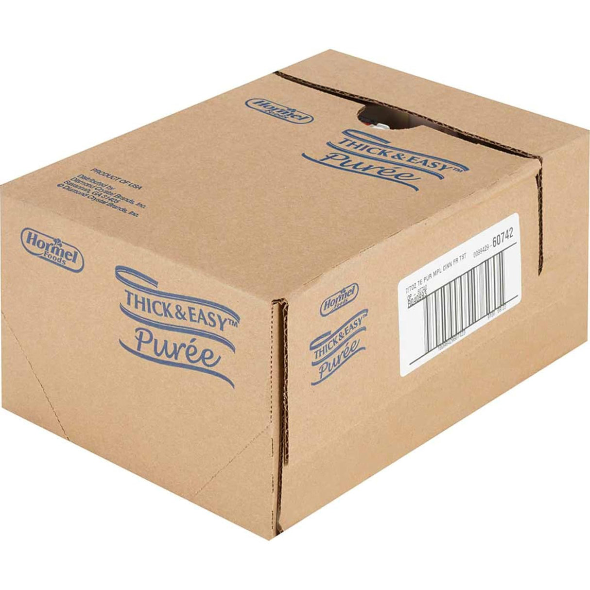 Brown cardboard box labeled Hormel Foods Thick & Easy Purees Cinnamon French Toast, Case of 7, with blue text and a barcode, designed for shipping or storing pureed food for dysphagia diets.