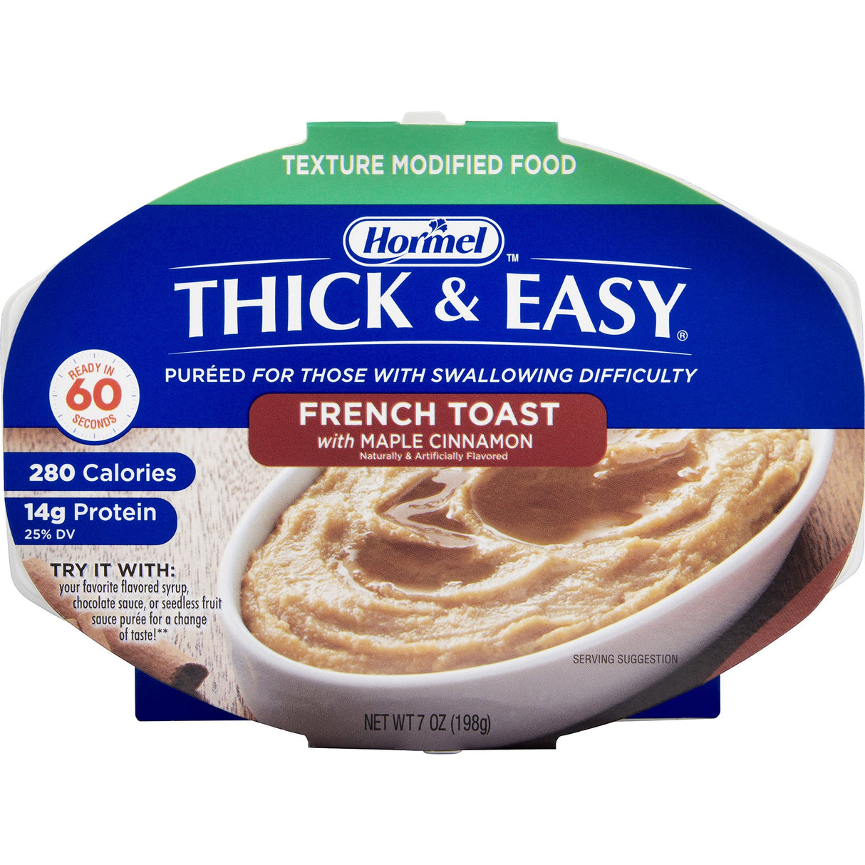 Hormel Foods Thick & Easy Purees Cinnamon French Toast, Case of 7, is a dysphagia-friendly pureed meal with 280 calories and 14g protein per serving, ready in 60 seconds—perfect for those with swallowing difficulties.