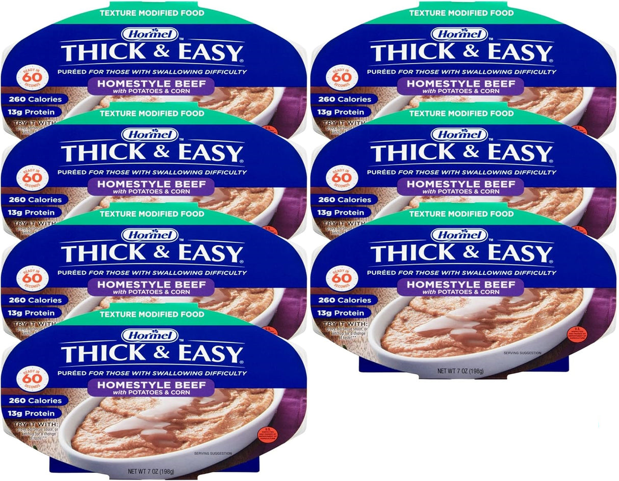 Seven packages of Hormel Foods Thick & Easy Purees Homestyle Beef, a dysphagia-friendly, IDDSI Level 4 meal. Each has 260 calories and 13g protein per serving plus a dish image on the lid.