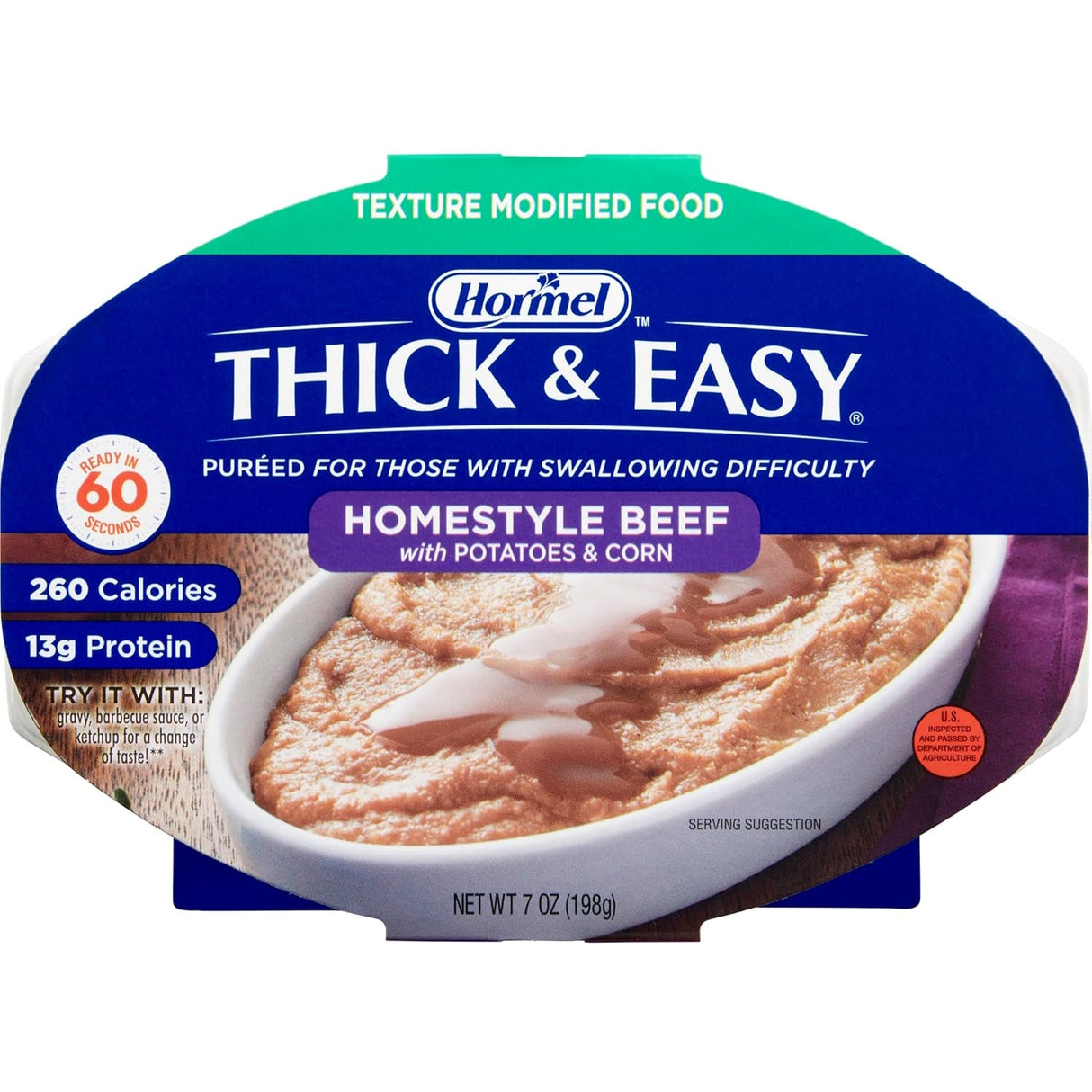 Hormel Thick & Easy Purees, Homestyle Beef (Case/7) by Hormel Foods is an IDDSI Level 4 pureed meal with potatoes and corn, offering 260 calories and 13g protein for those needing dysphagia-friendly, texture-modified foods.