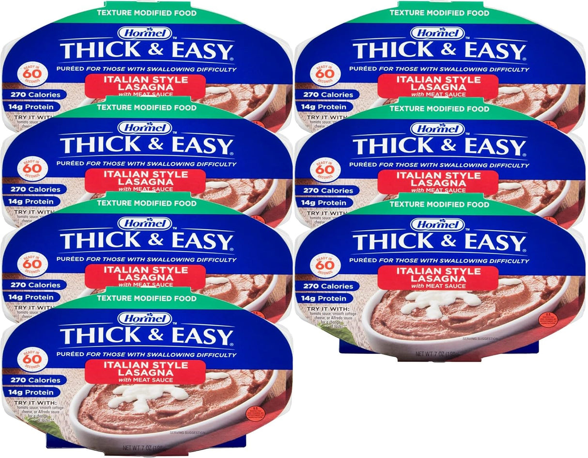 Seven containers of Hormel Foods Thick & Easy Purees Italian Style Lasagna, a texture-modified dysphagia food in blue and red packaging, each serving providing 270 calories.