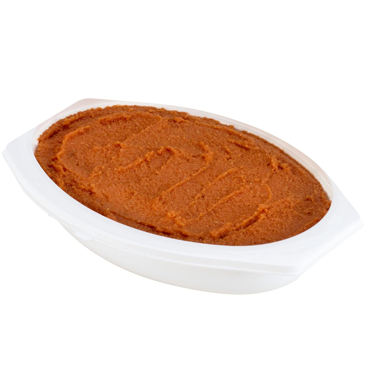 An oval white plastic container holds smooth, reddish-brown Hormel Thick & Easy Purees Italian Style Lasagna from Hormel Foods, shown against a white background.