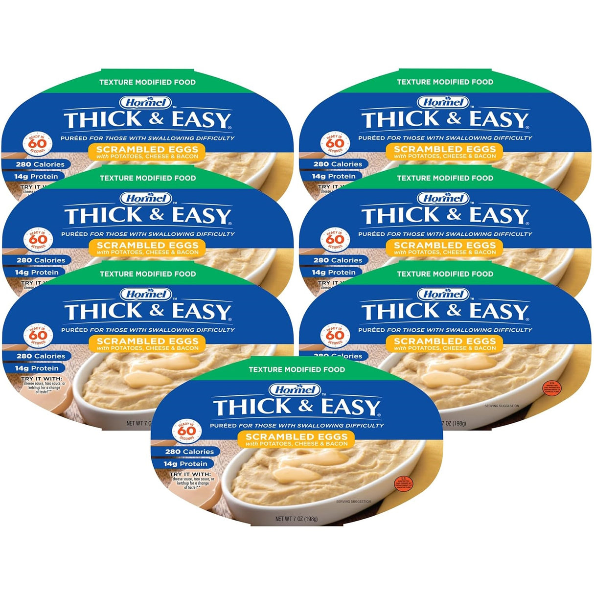 A case of 7 Hormel Thick & Easy Purees Scrambled Eggs by Hormel Foods, each serving offering 280 calories and 14g protein. Designed for dysphagia diets, these pureed eggs provide safe, texture-modified nutrition for those with swallowing difficulties.