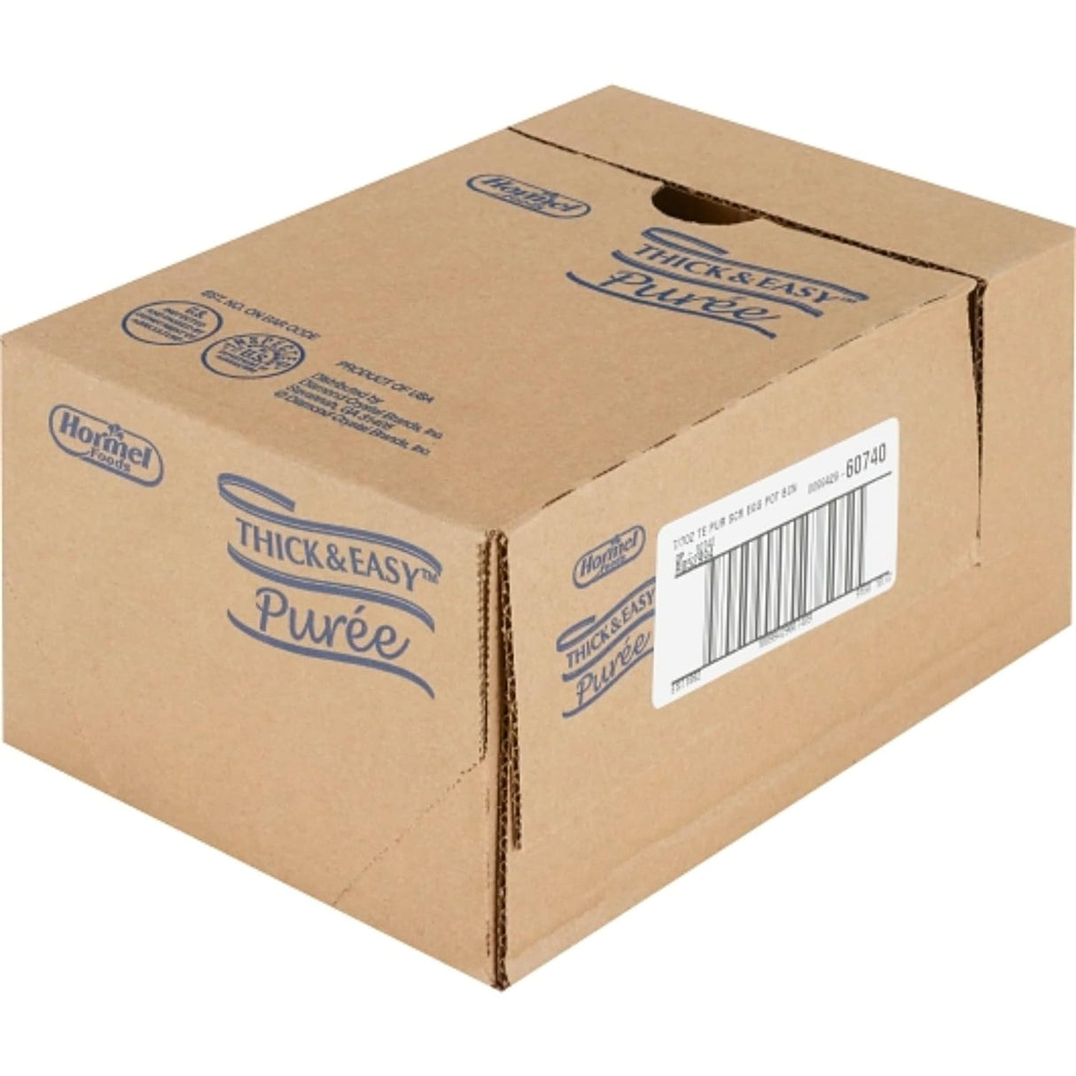 A sealed cardboard shipping box labeled Hormel Foods Thick & Easy Purees, Scrambled Eggs, Case/7, for texture-modified or dysphagia diets, features barcodes and logos and is set against a white background.
