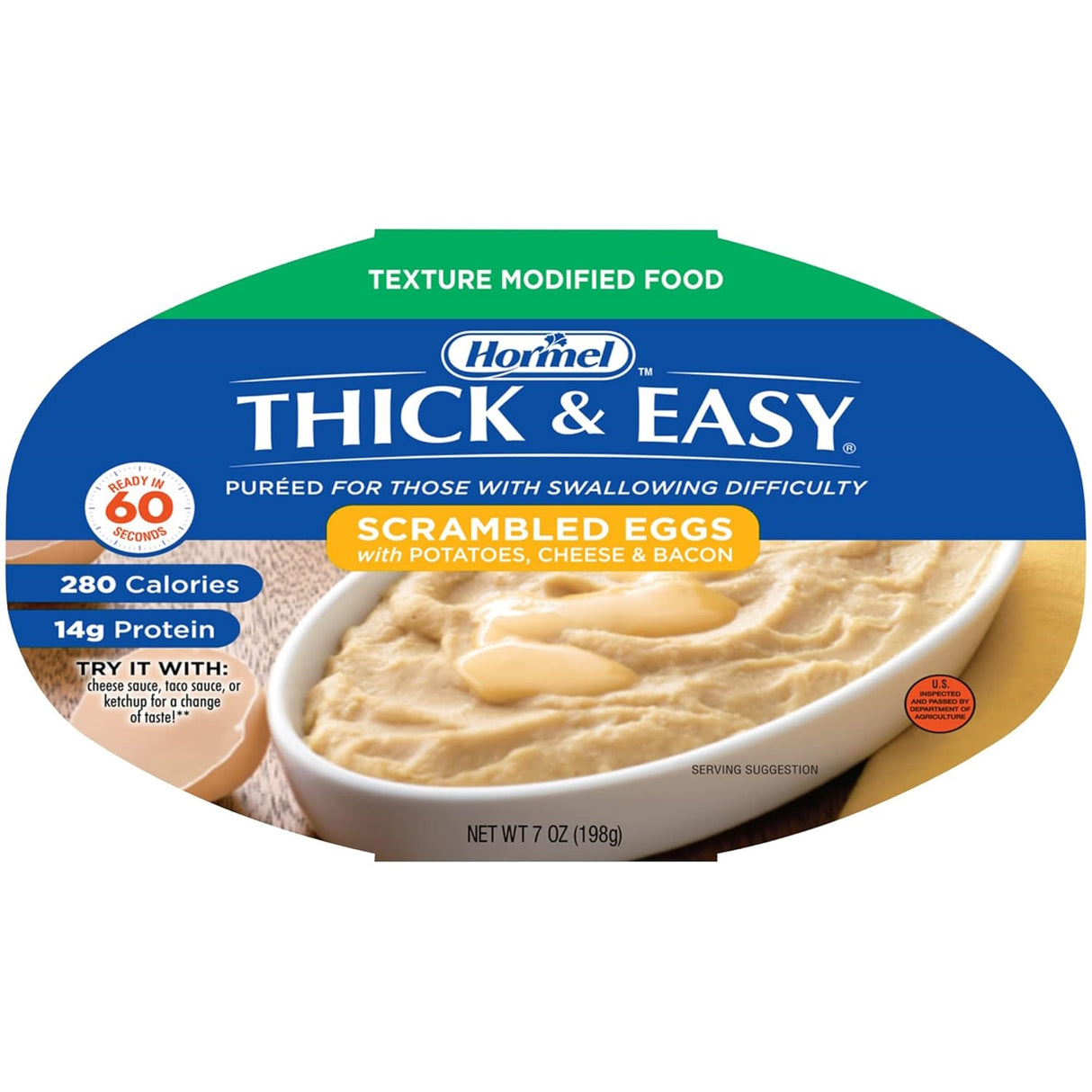 A blue and yellow container of Hormel Thick & Easy Purees, Scrambled Eggs by Hormel Foods, labeled for dysphagia diets. The packaging shows a bowl of creamy scrambled eggs with potatoes, cheese, and bacon. Case of 7.