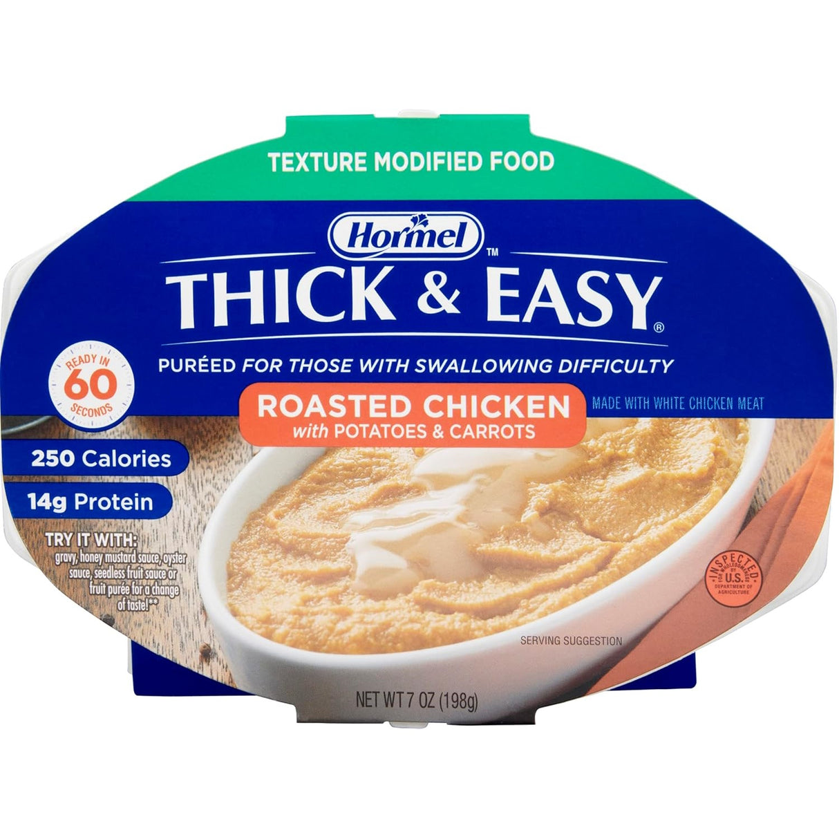Hormel Foods Thick & Easy Purees, Roasted Chicken, Case/7, provides a smooth puréed meal for texture-modified diets and those with swallowing difficulties, plus nutritional info and an image of the puree in a bowl.