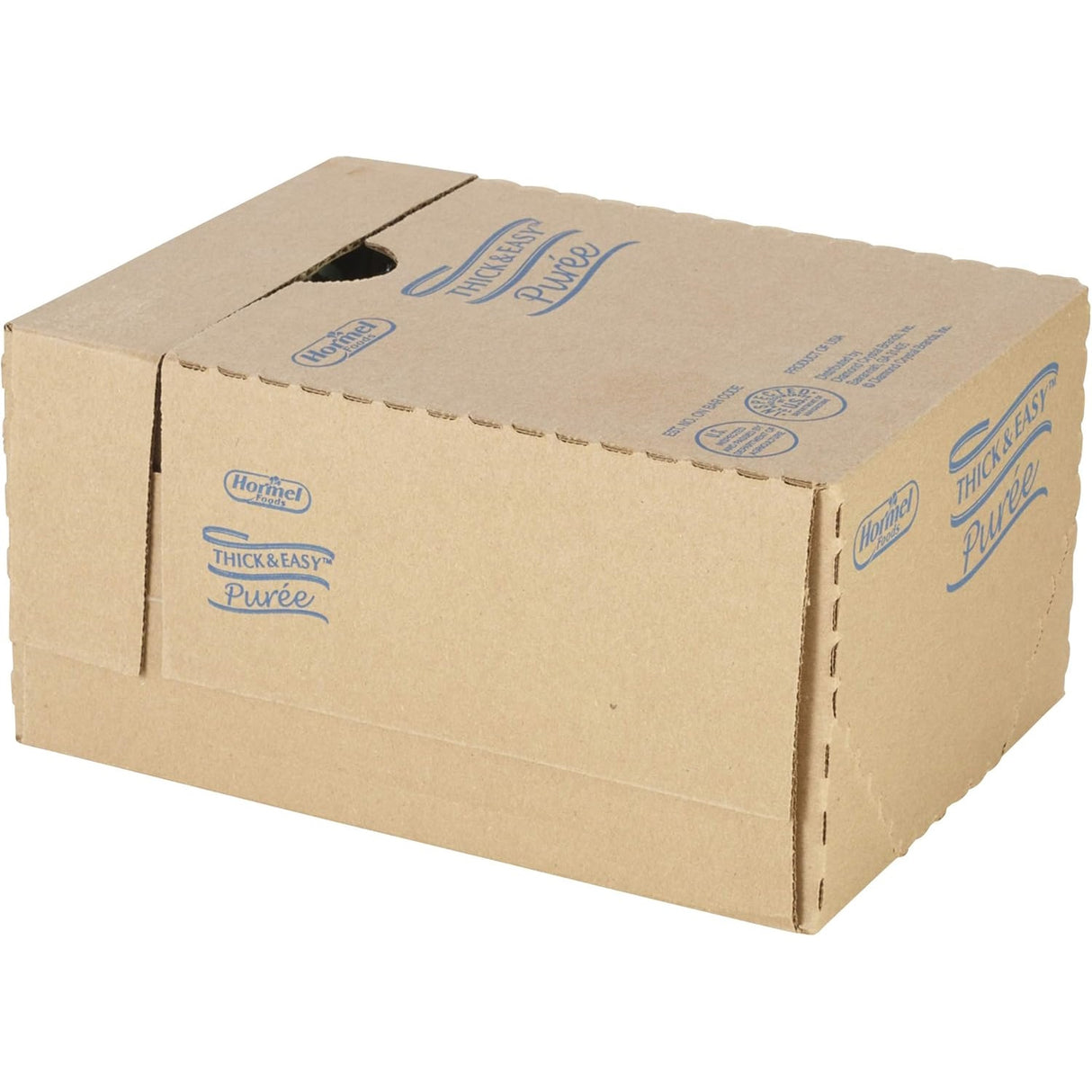A closed cardboard box from Hormel Foods labeled Thick & Easy Purees, Roasted Turkey, Case/7, featuring blue text and a perforated edge; contains pureed turkey suitable for IDDSI Level 4 diets for swallowing difficulties.