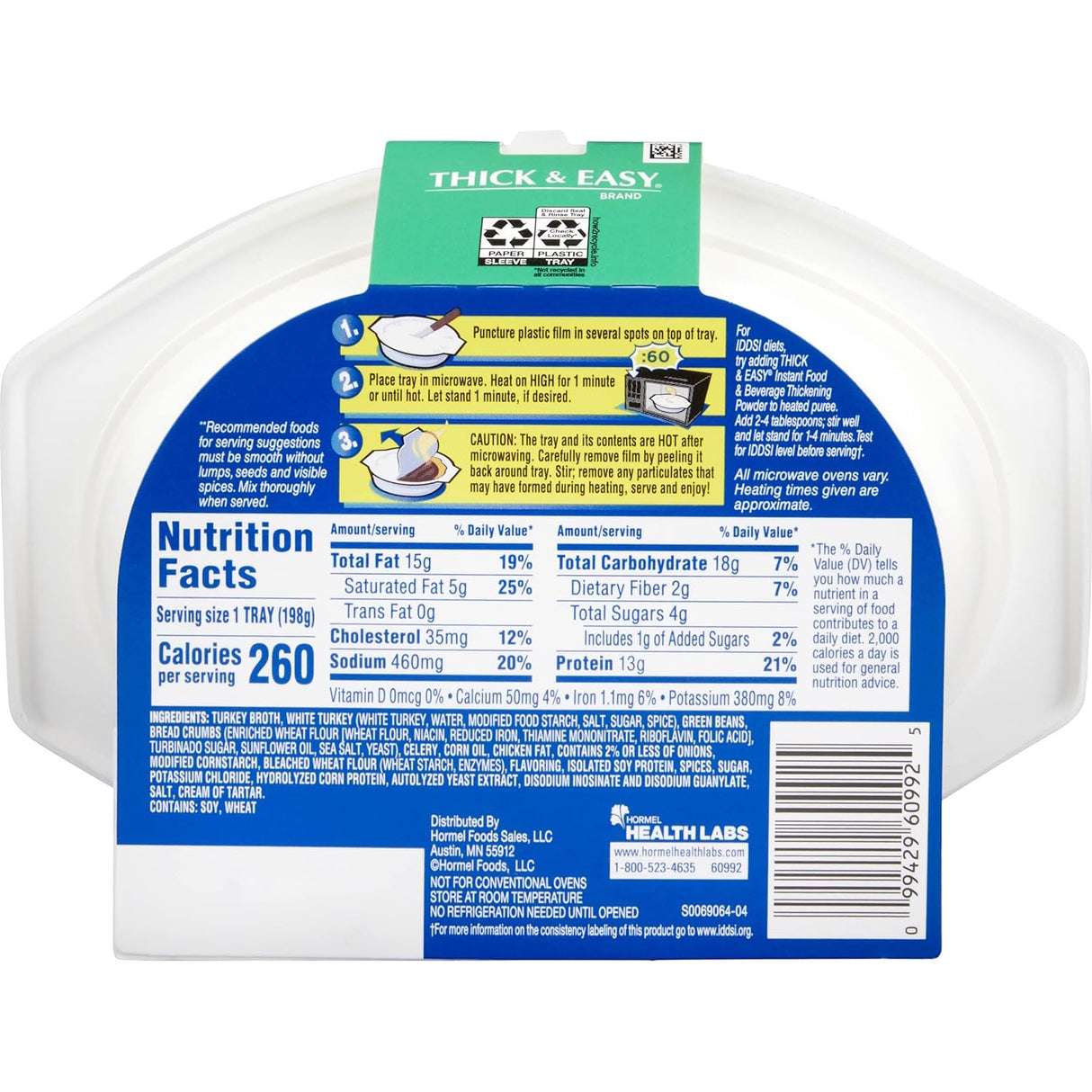 Back view of Hormel Thick & Easy Purees, Roasted Turkey (Case/7) from Hormel Foods, showing blue and white label with heating instructions, nutrition facts, IDDSI Level 4 info, ingredients, manufacturer details, and a barcode.