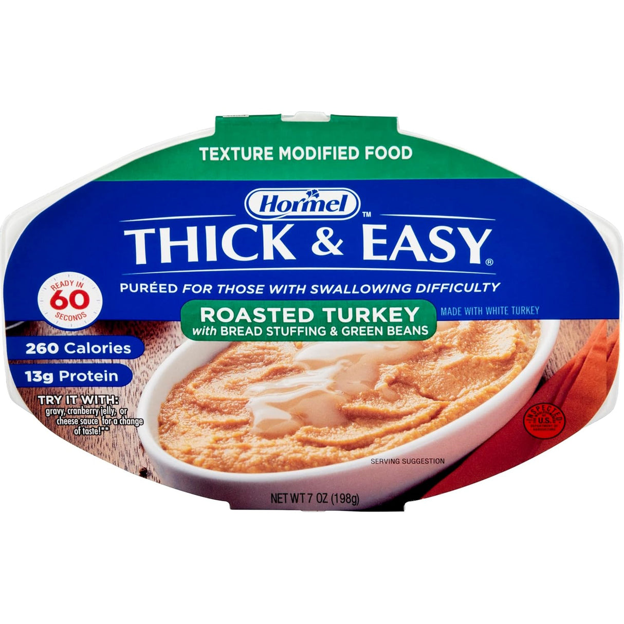 Hormel Foods Thick & Easy Purees, Roasted Turkey (Case of 7), is a pureed meal for IDDSI Level 4 and swallowing difficulties, with packaging showing turkey, bread stuffing, and green beans.